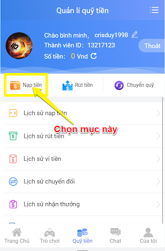 Chọn “Nạp tiền” sodo66